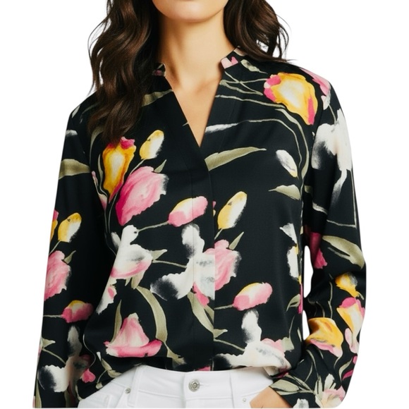 White House Black Market Tops - WHITE HOUSE BLACK MARKET Black Floral Short/Long Sleeve V-Neck Blouse Size Large